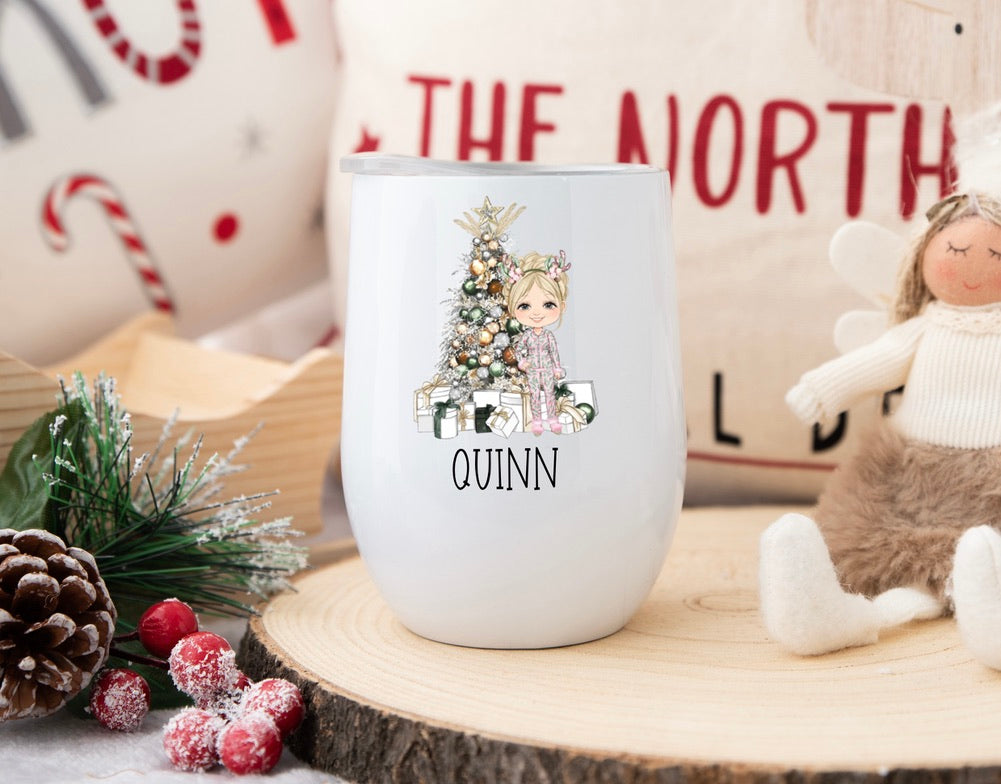 Personalised Pink Christmas Pjs Older Girl Christmas Tumbler β Custom Holiday Travel Cup, Festive Gift for Her
