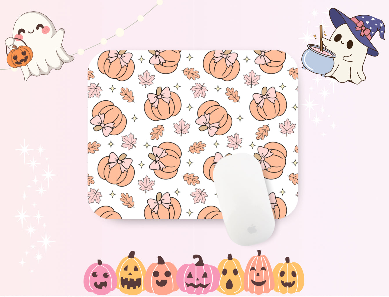 Pink Bow pumpkin Spooky Halloween Mouse Pad – Witchy Desk Mat for Office or Gaming