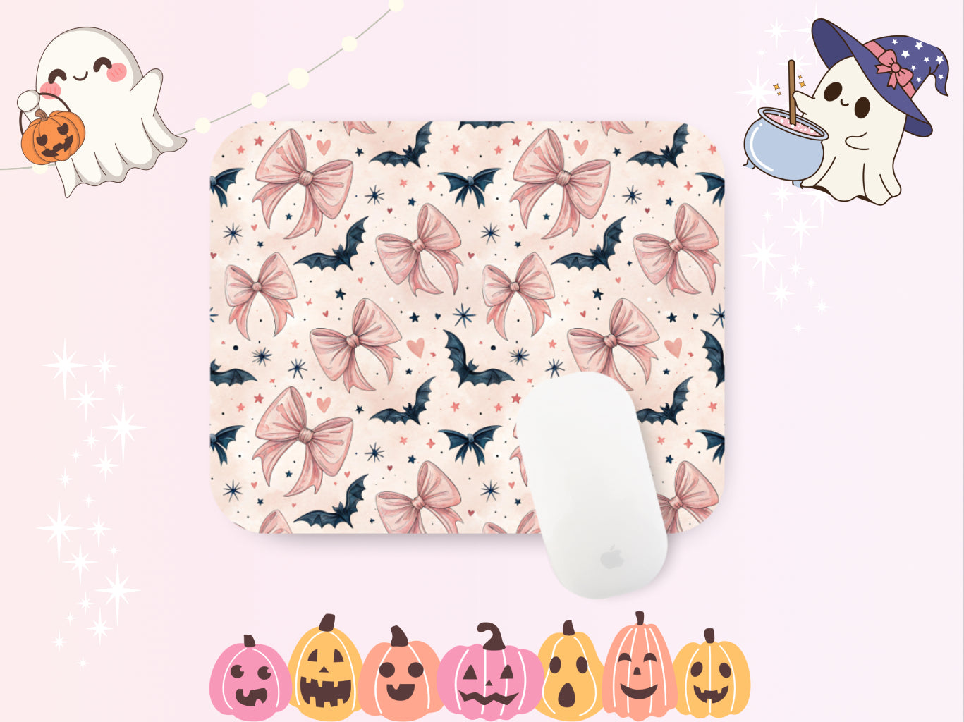Bows & Bats Spooky Halloween Mouse Pad – Witchy Desk Mat for Office or Gaming