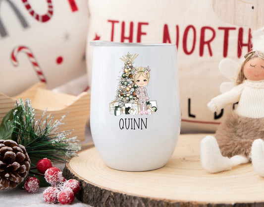 Personalised Pink Christmas Pjs Older Girl Christmas Tumbler – Custom Holiday Travel Cup, Festive Gift for Her