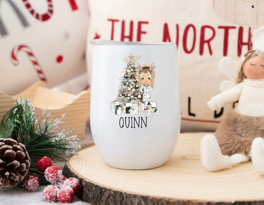 Personalised White Christmas PJs Girl Christmas Tumbler – Custom Holiday Travel Cup, Festive Gift for Her
