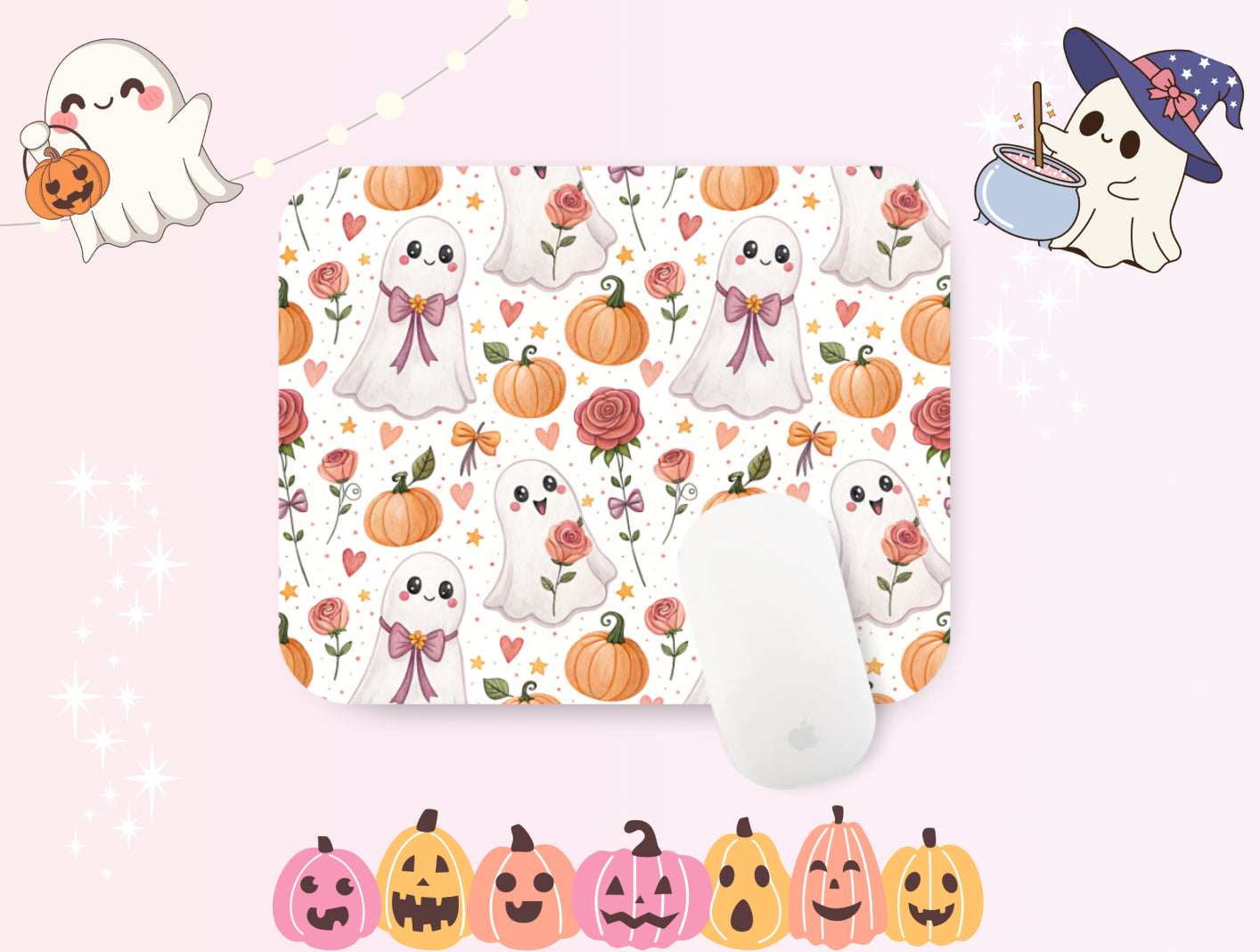 Ghost & Pumpkins Spooky Halloween Mouse Pad – Witchy Desk Mat for Office or Gaming