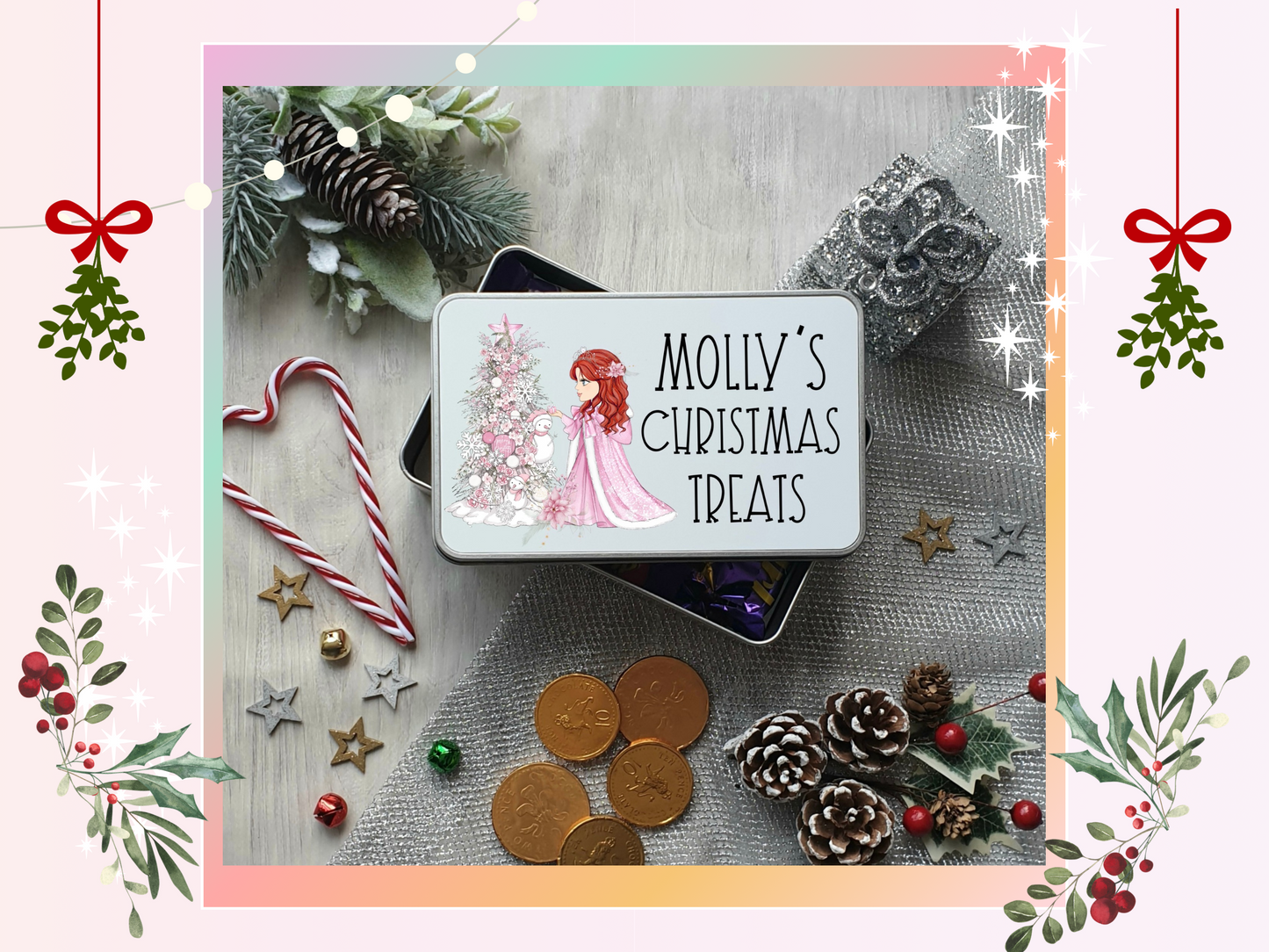 Personalised Pink Snow Christmas Girl Christmas Treat Tin