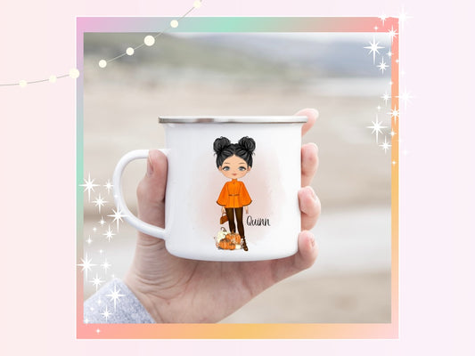 Personalised Autumn Fashion Girl Enamel Mug