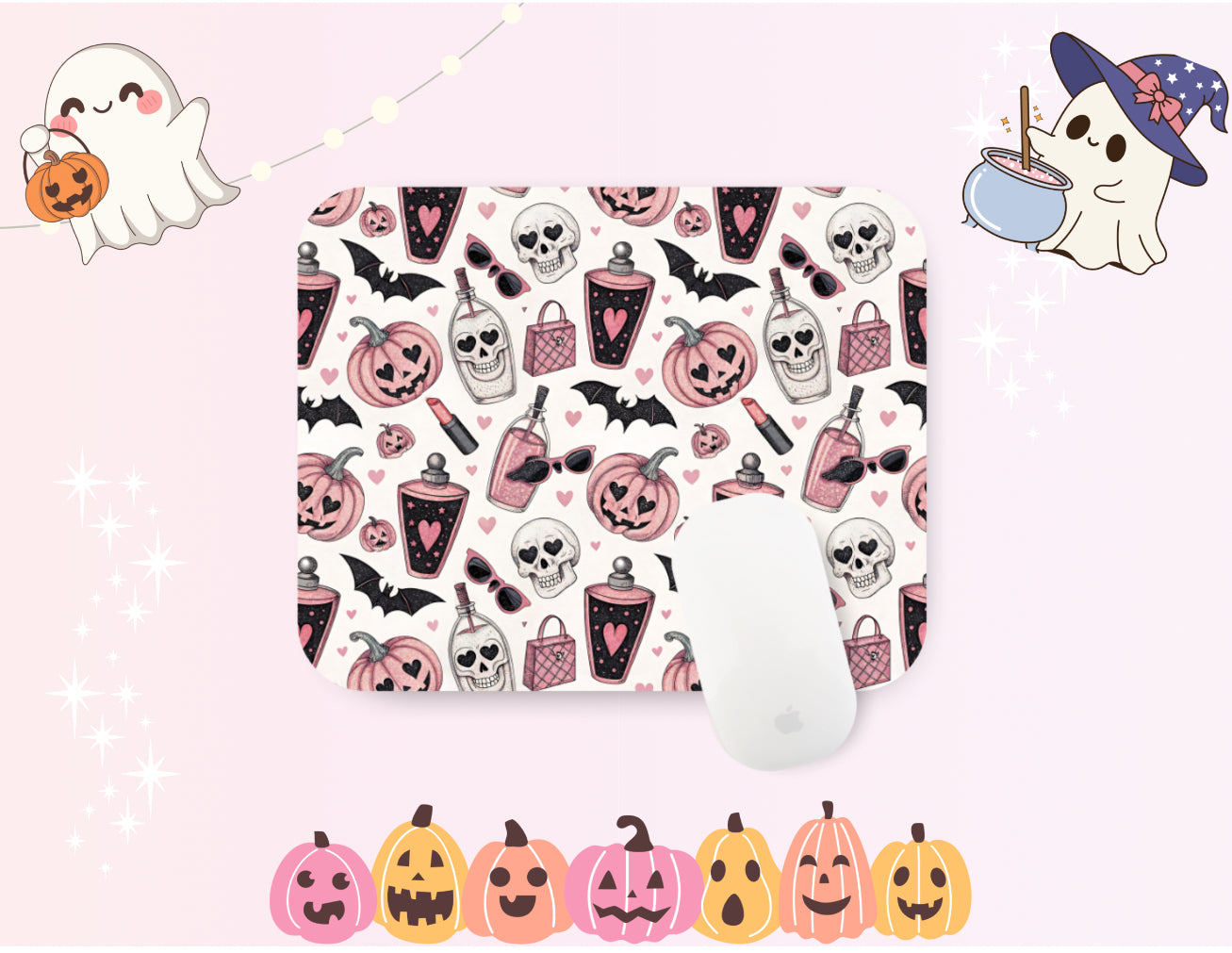 Pink pumpkin & Bats Spooky Halloween Mouse Pad – Witchy Desk Mat for Office or Gaming