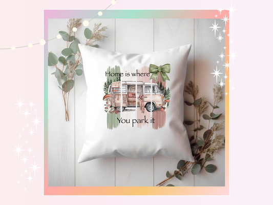 Home is where you park it VW Camper Van Cushion Cover – Retro Travel Throw Pillow Cover (Cover Only, 20x20cm)
