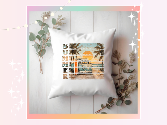 Summer VW Camper Van Cushion Cover – Retro Travel Throw Pillow Cover (Cover Only, 20x20cm)