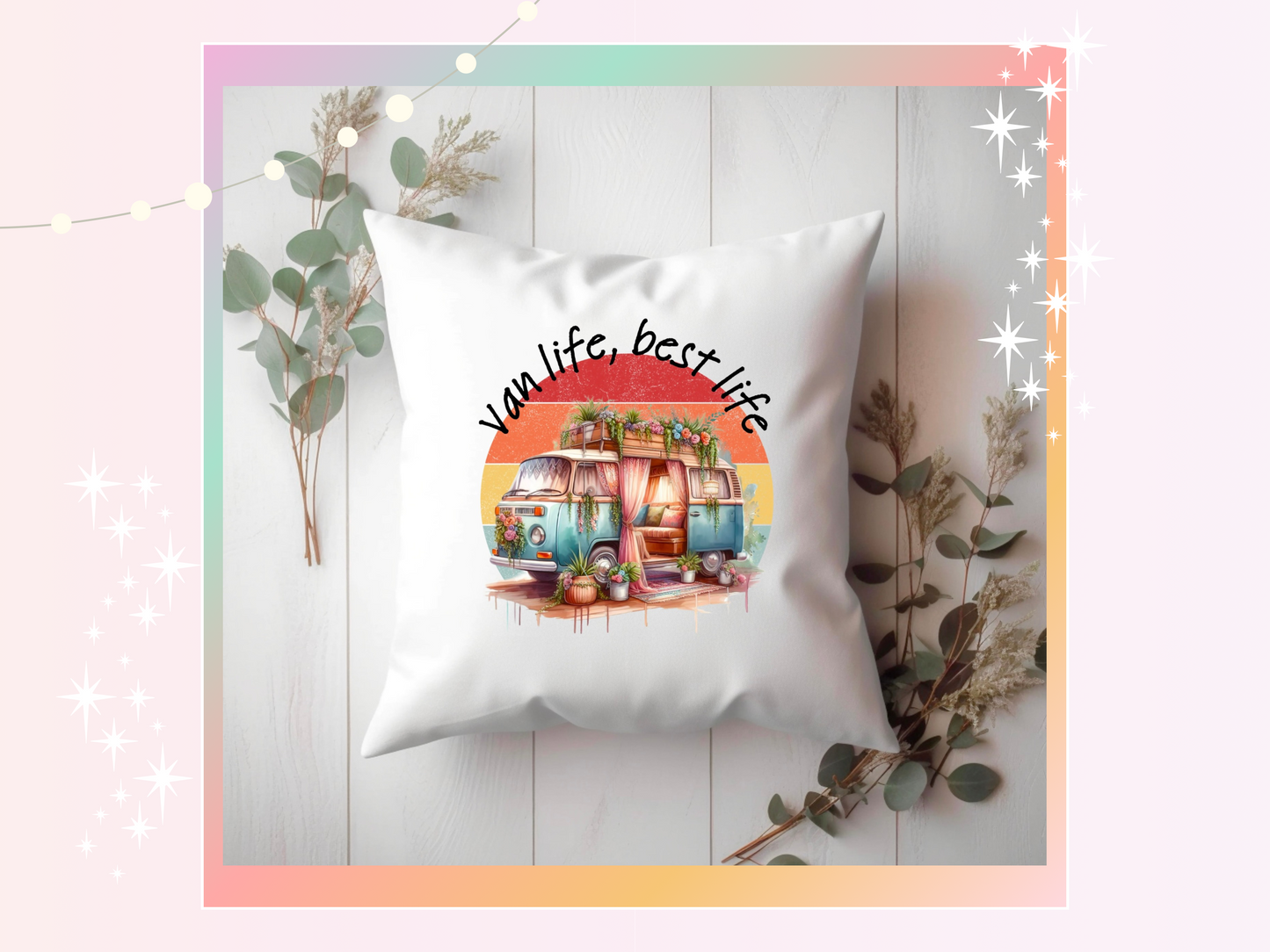 Van life best life VW Camper Van Cushion Cover – Retro Travel Throw Pillow Cover (Cover Only, 20x20cm)